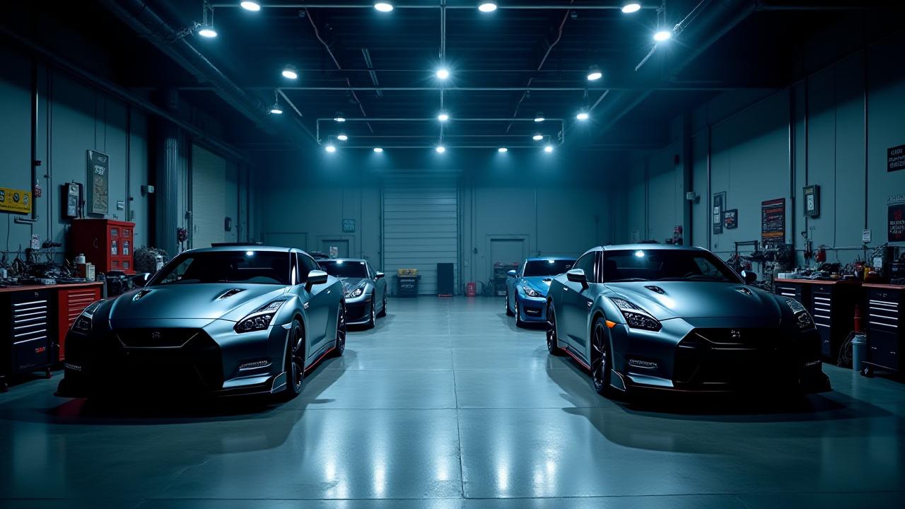 作業中の車が並ぶメインワークベイ